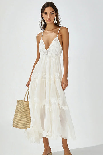 White A Line Spaghetti Straps Party Dress With Lace